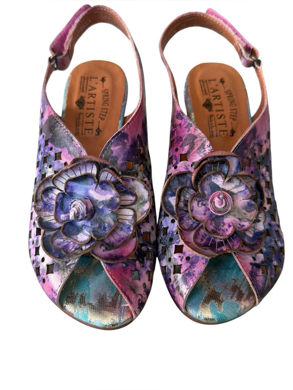 Spring Step L'Artiste Lovella Pink Purple Leather Floral Slingback Sandals EU 35
